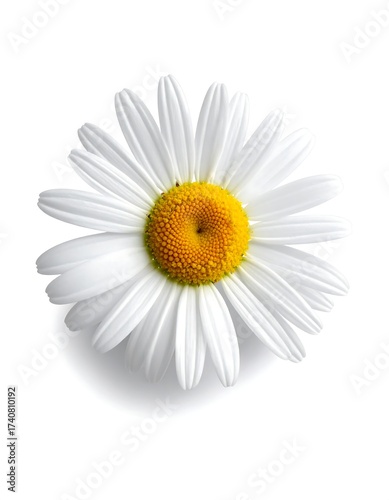 A single, detailed chamomile flower with white petals and yellow center, isolated
