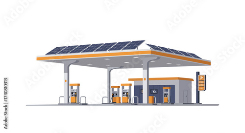 Modern Gas Station with Solar Panels on Roof.