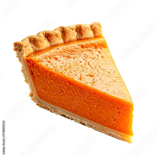 A single, delicious slice of a creamy, orange-colored pumpkin pie