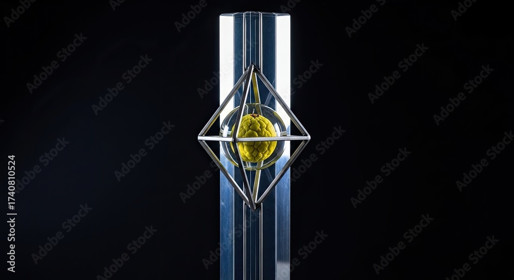 Obraz premium Sugar Apple Inside Metal Diamond Cage with Clear Square Column on Black Surface