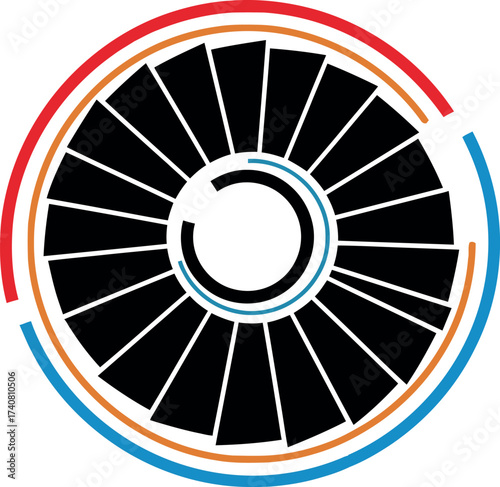 Stylized abstract jet engine turbine blades vector icon, rotor logo concept with colorful circular rings representing air flow or energy for aviation and technology design.