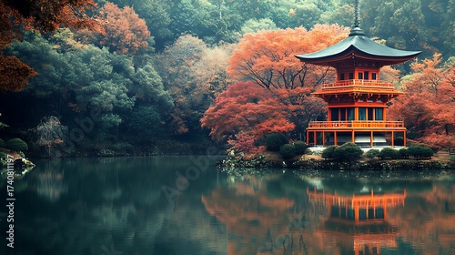 Picturesque view of a vibrant red pagoda reflecting in the tranquil lake surrounded by colorful autumn foliage in a serene japanese garden