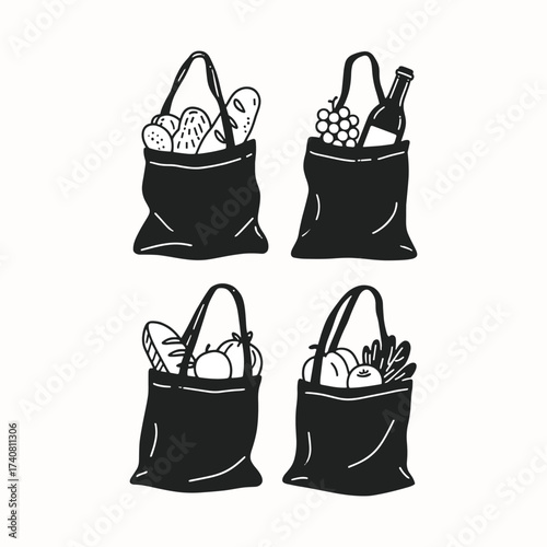 black silhouette shopping bag, grocery shopping bag black and white, eco friendly tote bag with groceries, food shopping bag icon set, reusable bag silhouette vector