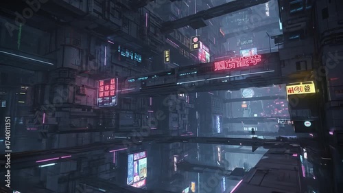 Futuristic urban landscape with neon lights and towering structures in a cyberpunk city