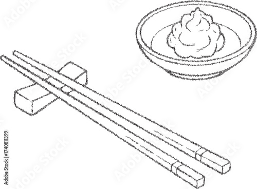 Chopsticks with dipping sauce bowl minimal line drawing