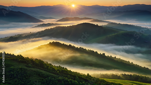 a breathtaking sunrise over misty green mountain