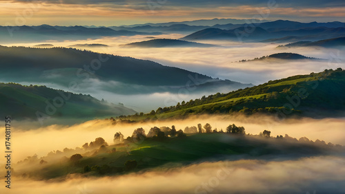 a breathtaking sunrise over misty green mountain
