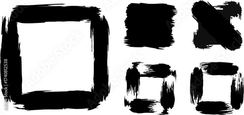 Set of black grunge brush strokes, including square frames, a solid square, and a cross shape.