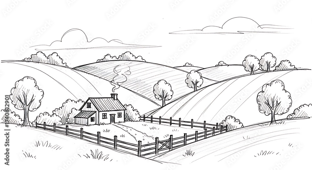 Fototapeta premium Rural landscape sketch featuring a charming house, rolling hills, and serene countryside.
