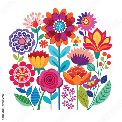 "Multicolor Stylized Flowers on White Background"
