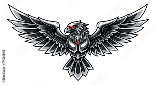 Majestic metallic eagle with striking red eyes spreading wings for power and strength, perfect for branding, gaming, or bold logo designs today
