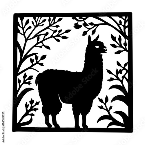 Silhouette of a Llama Surrounded by Leaves in a Decorative Frame