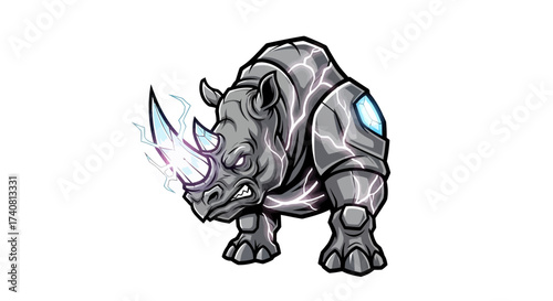 Powerful rhino mascot with electric energy, a dynamic symbol of strength and resilience ready to amplify your brand's image, and captivate audiences globally