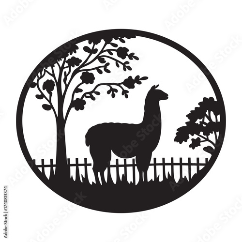 Black and white llama silhouette in a garden with trees and fence