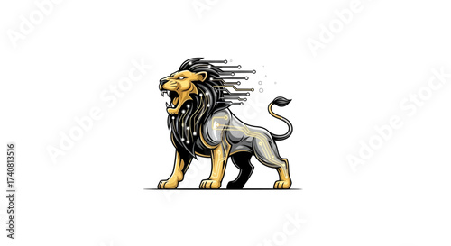 Roaring digital lion with circuit details, symbolizing power and technological advancement for modern brand identity and creative marketing projects