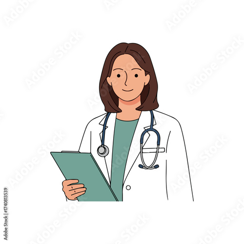 Female doctor holding clipboard and stethoscope, smiling.