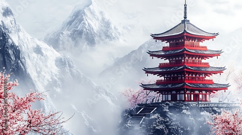 Majestic red pagoda nestled amidst snowcapped mountains and blooming cherry blossoms, creating a serene and picturesque japanese landscape