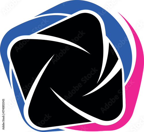 Abstract camera shutter aperture logo or video play button symbol with dynamic blue and pink swirling motion trails, representing photography, media, video, and creative digital services.