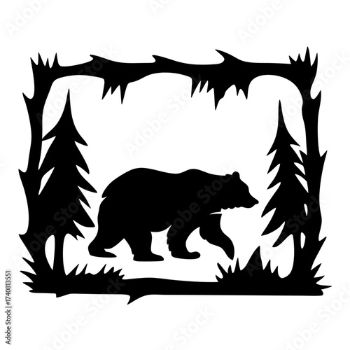 Black bear silhouette wandering in the forest with evergreen trees