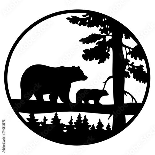Black Silhouette of a Bear and Cub in a Forest Circle Design