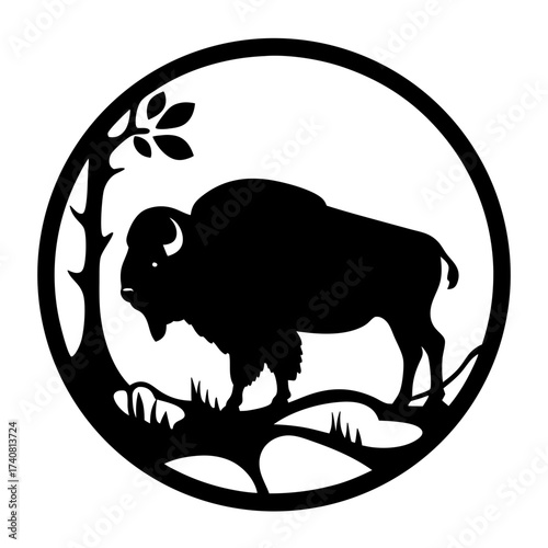 A monochromatic illustration of a bison enclosed within a circular design element