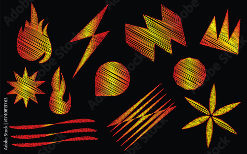 Abstract fiery shapes with embroidery effect on a black background design art