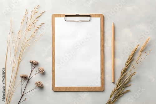 Blank clipboard with dried flowers and pencil on textured background