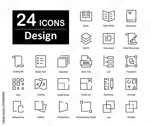 A set of 24 icons as book, open book, bookmark