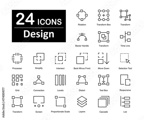 A set of 24 icons as rotation, transform box, transform