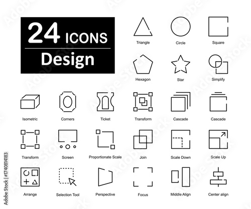 A set of 24 icons as triangle, cicle, square