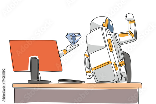Single one line drawing hand of astronaut out of monitor screen while holds diamond. Luxurious diamonds from the moon. Unmatched luxury. Things from Screen. Continuous line design graphic illustration