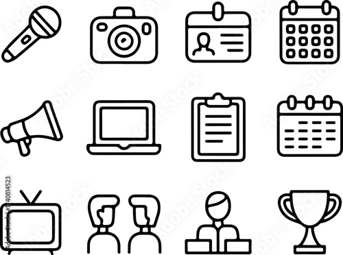 Set of icons representing various business, event, and media concepts