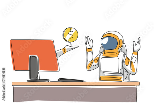Single one line drawing hand of astronaut out of monitor screen while holding a penny. Additional donations for the expedition. Cash. Things from Screen. Continuous line design graphic illustration