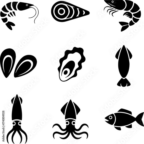 Collection of Delicious Seafood Icons Representing Various Marine Delicacies