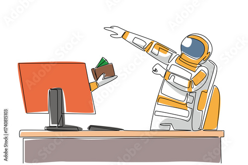 Single one line drawing hand of astronaut out of monitor screen while holding a wallet with some money coming out. Promised bonus. Cash. Things from Screen. Continuous line design graphic illustration