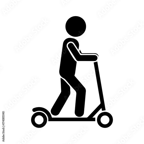 Stickman riding kick scooter icon. Man using push scooter silhouette. Urban transport symbol, eco mobility, green transportation, lifestyle, healthy exercise, leisure, commute vector illustration.