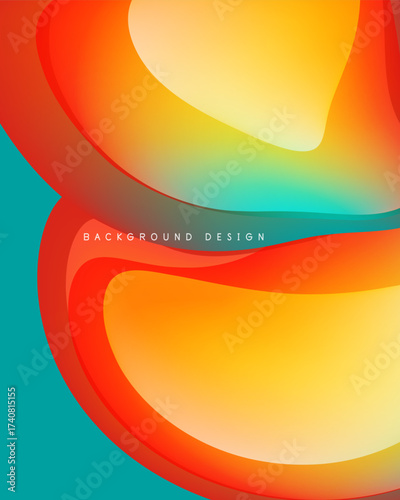 Abstract vibrant layers create flowing shapes. Orange, yellow, turquoise blend seamlessly. Modern design evokes energy, movement.