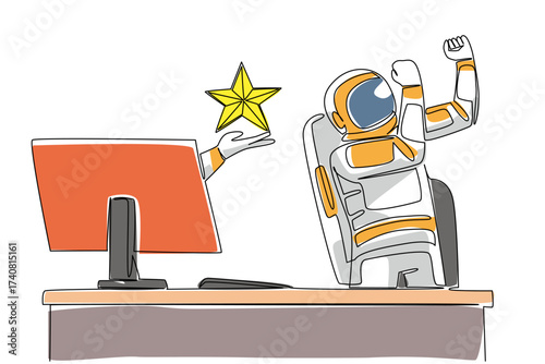 Continuous one line drawing hand of astronaut out of monitor screen while holding a star shape. Astronauts who shine like stars. Rate. Things from Screen. Single line draw design vector illustration