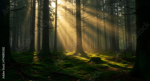 Enchanted misty forest with tall pine trees, sunbeams filtering through fog