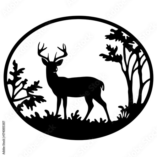 Silhouette of a deer standing in a forest enclosed in a circle