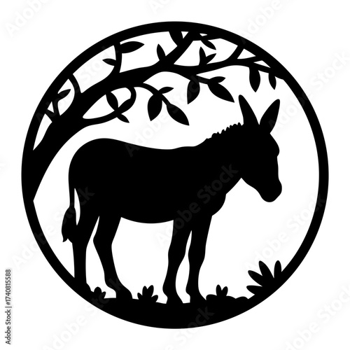 Elegant Silhouette of a Donkey under a Tree within a Circle Frame