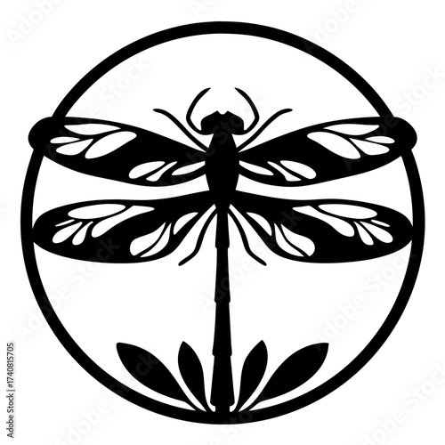 Black and white dragonfly silhouette enclosed in a circular frame design