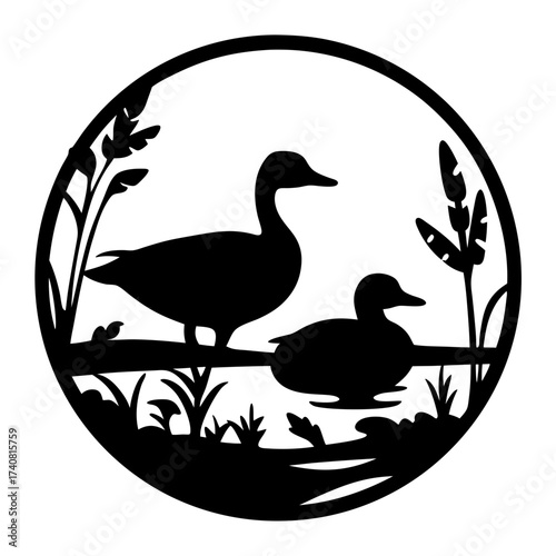 Black silhouette of ducks in a serene lake habitat in circular frame