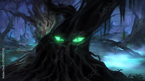 A mysterious swamp with gnarled trees and glowing eyes