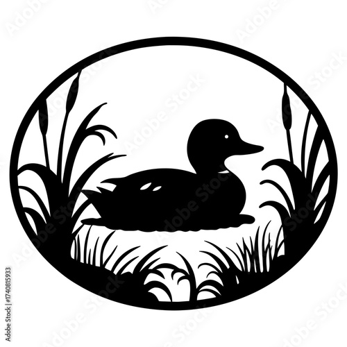 Elegant silhouette of a duck in a marsh enclosed in an oval frame