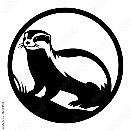 Monochrome Ferret Illustration Encapsulated in a Clean Circular Frame Design