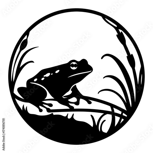 Silhouette of a frog in its natural habitat within a circle frame