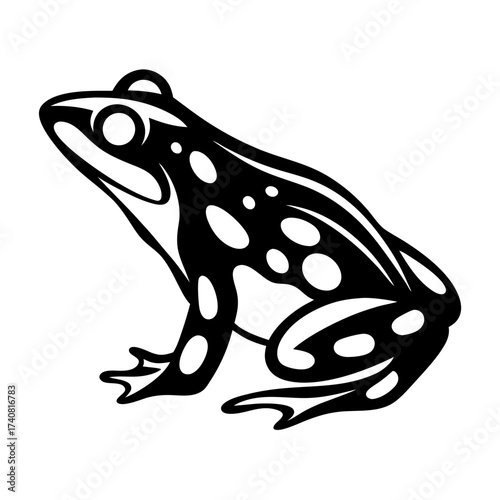 Stylized monochrome illustration of a spotted frog in a side profile