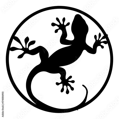 Black silhouette of a gecko enclosed in a circle artistic drawing