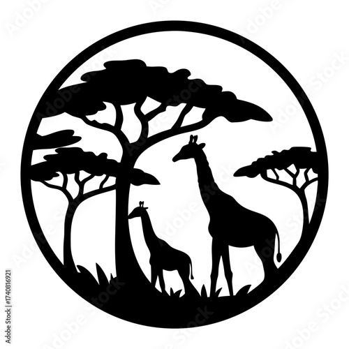 Silhouette of giraffes under the trees in a circle frame design